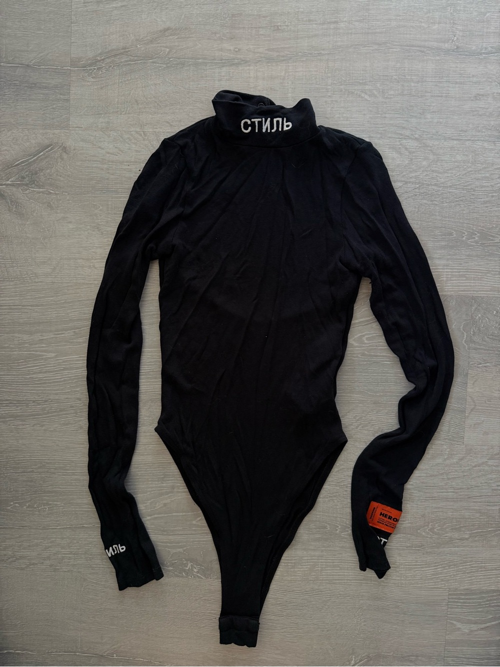 Heron Preston Black Long-Sleeve Turtleneck Bodysuit with Cyrillic Detail